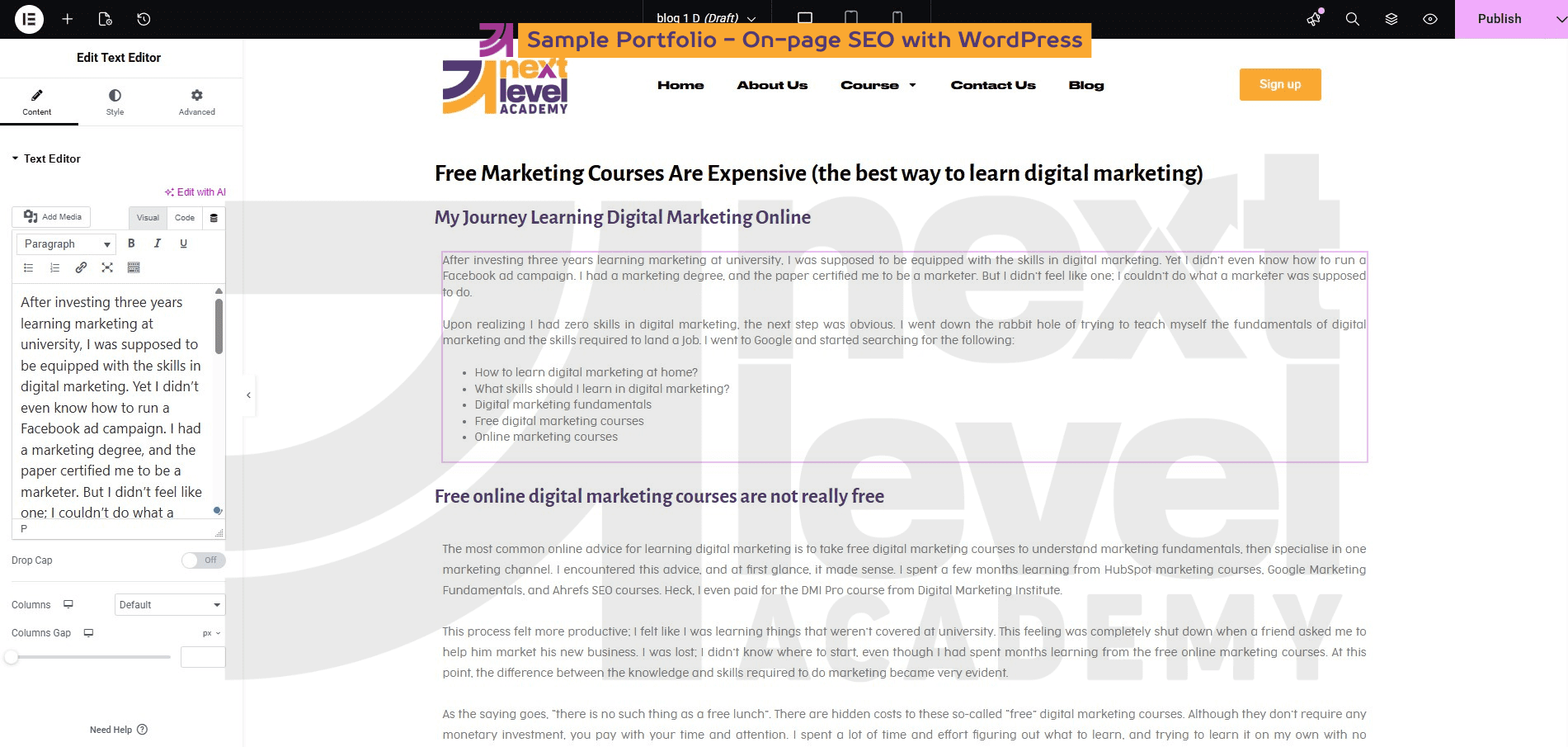 Sample portfolio - On-page SEO