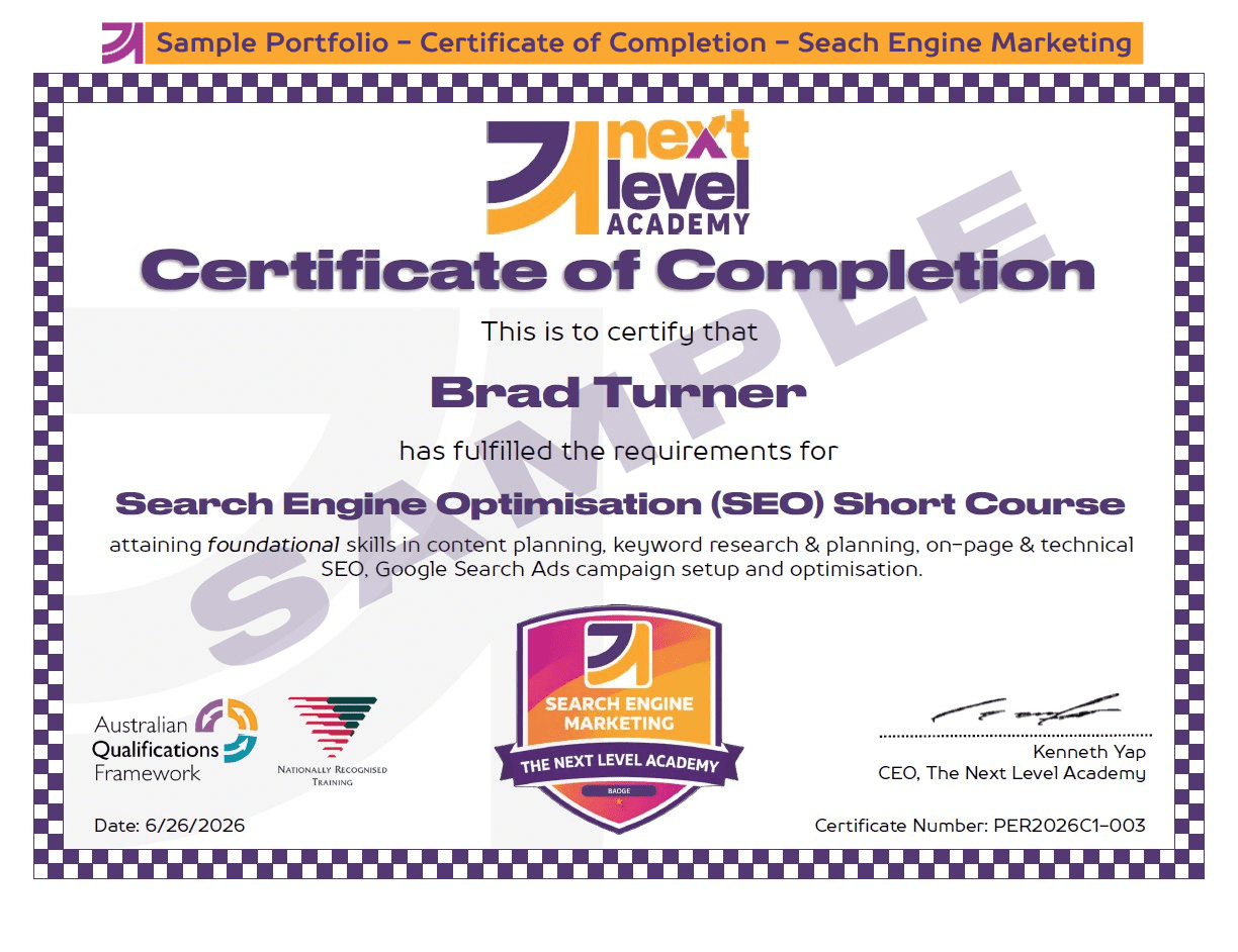 Next Level Academy- Sample Certificate- Search Engine Marketing
